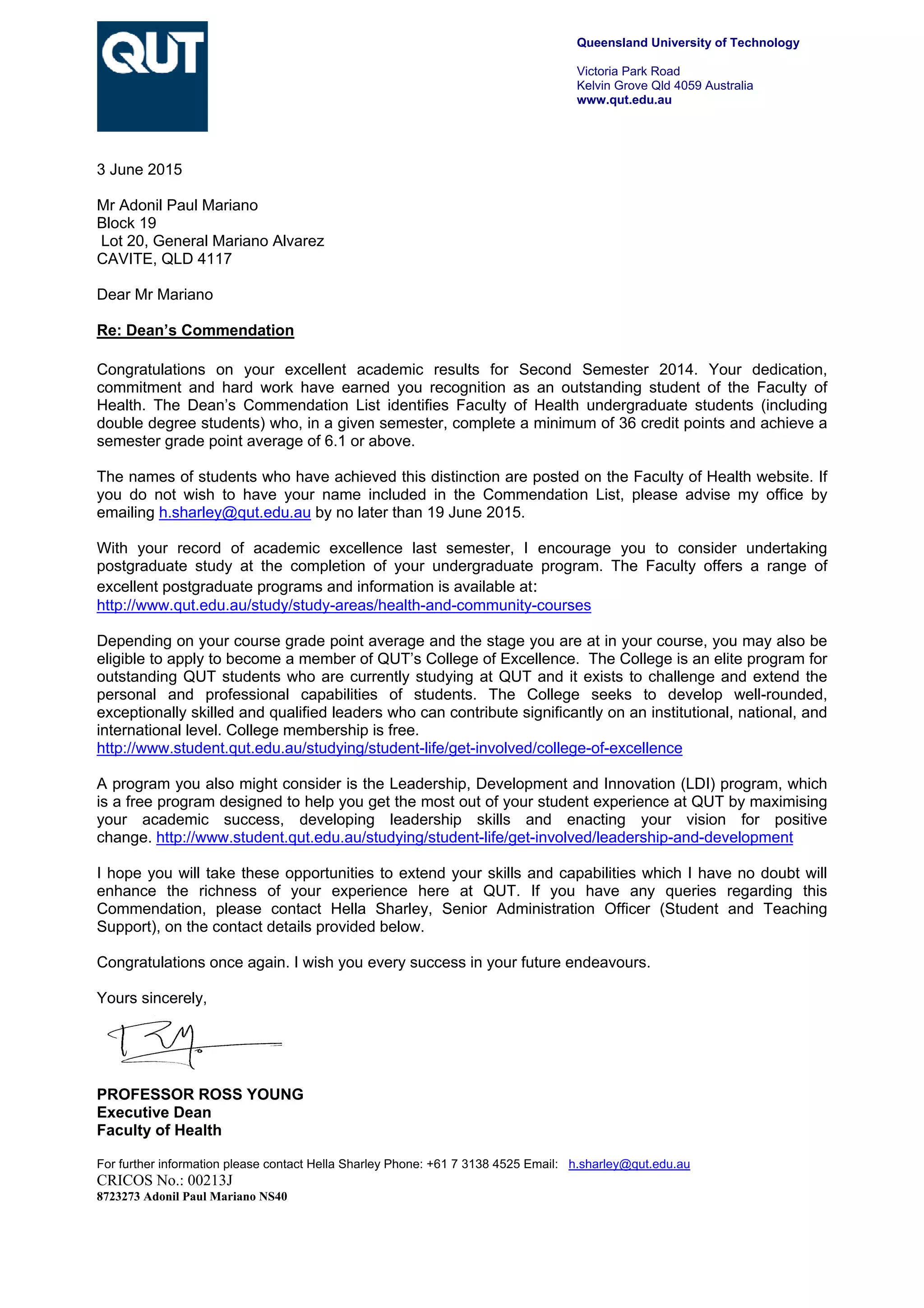 Deans Commendation Letter Second Semester 2014 PDF
