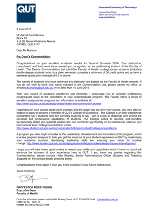 Deans Commendation Letter Second Semester 2014 | PDF