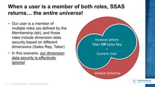 When a user is a member of both roles, SSAS
returns… the entire universe!
 Our user is a member of
multiple roles (as defined by the
Membership tab), and those
roles include dimension data
security based on different
dimensions (Sales Rep, Taker)
 In this scenario, our dimension
data security is effectively
ignored
© Pariveda Solutions. Confidential & Proprietary.13
Invoice Universe
Invoices where
Taker OR Sales Rep
=
Current User
 