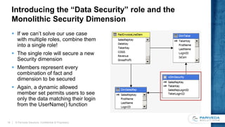 Introducing the “Data Security” role and the
Monolithic Security Dimension
 If we can’t solve our use case
with multiple roles, combine them
into a single role!
 The single role will secure a new
Security dimension
 Members represent every
combination of fact and
dimension to be secured
 Again, a dynamic allowed
member set permits users to see
only the data matching their login
from the UserName() function
© Pariveda Solutions. Confidential & Proprietary.18
 