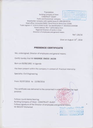 internship certificate (Building company of West).(translated to English)