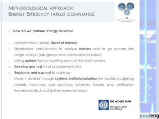 METHODOLOGICAL APPROACH:
ENERGY EFFICIENCY TARGET COMPLIANCE
 How do we procure energy services?
1. Upfront market survey (level of interest).
2. Stakeholder consultations to analyze barriers and to go deeper into
target analysis (sub-groups and unintended included).
3. Listing options for surmounting each of the main barriers.
4. Develop and test small procurements first.
5. Replicate and expand to scale up.
6. Make it durable through systems institutionalization (templates, budgeting
models, incentives and sanctions schemes, targets and verification
frameworks etc.) and further implementation.
4
 