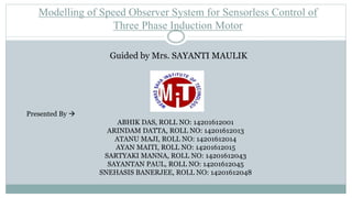 Modelling of Speed Observer System for Sensorless Control of
Three Phase Induction Motor
Presented By 
ABHIK DAS, ROLL NO: 14201612001
ARINDAM DATTA, ROLL NO: 14201612013
ATANU MAJI, ROLL NO: 14201612014
AYAN MAITI, ROLL NO: 14201612015
SARTYAKI MANNA, ROLL NO: 14201612043
SAYANTAN PAUL, ROLL NO: 14201612045
SNEHASIS BANERJEE, ROLL NO: 14201612048
Guided by Mrs. SAYANTI MAULIK
 