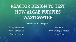 Advisors
Dr. Christopher Sales
Jacob Price
REACTOR DESIGN TO TEST
HOW ALGAE PURIFIES
WASTEWATER
Group Members
Marina D’souza
Fatima Hasan
Section 940 – Group 14
1 of 16
 