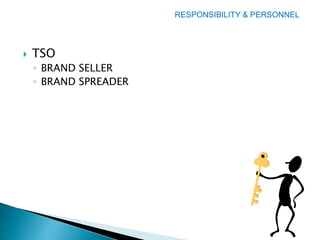  TSO
◦ BRAND SELLER
◦ BRAND SPREADER
RESPONSIBILITY & PERSONNEL
 