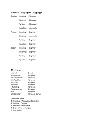 Skills & Languages Language :
English Reading: Advanced
Listening: Advanced
Writing: Advanced
Speaking: Intermedie
French Reading: Beginner
Listening: Intermedie
Writing: Beginner
Speaking: Beginner
Japan Reading: Beginner
Listening: Beginner
Writing: Beginner
Speaking: Beginner
Computer:
Internet Expert
Ms Outlook Advanced
Ms PowerPoint Advanced
Ms Publisher Advanced
Ms Word Advanced
Illustrator Advanced
Photoshop Advanced
Dreamweaver Advanced
Mac Advanced
Windows NT Advanced Server
(Ranked in order)
1. Ambitious / Achievement-oriented
2. Initiative / Creative
3. Sociable / Extroverted
4. Enjoy taking challenges
5. Aggressive
 