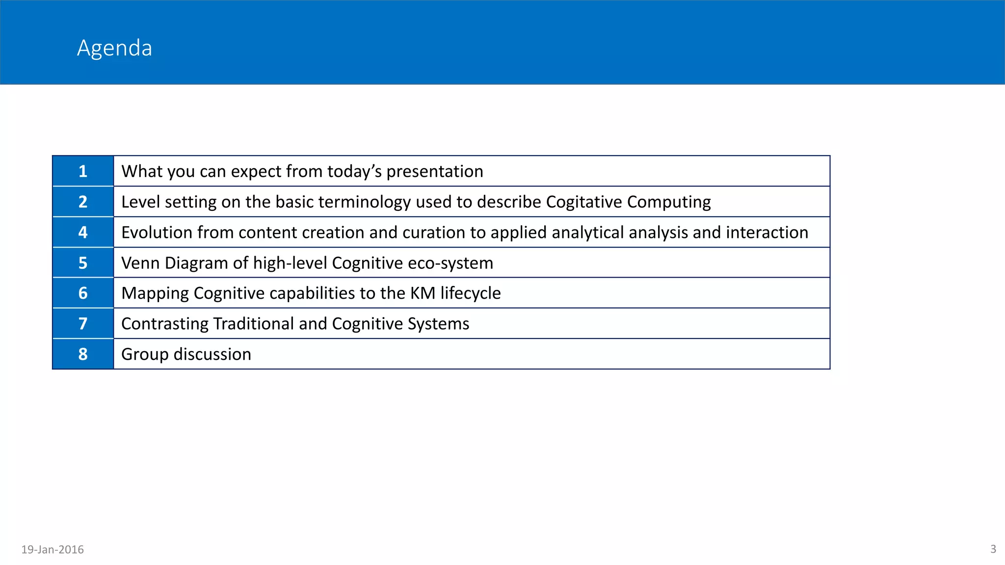 3
Agenda
1 What you can expect from today’s presentation
2 Level setting on the basic terminology used to describe Cogitative Computing
4 Evolution from content creation and curation to applied analytical analysis and interaction
5 Venn Diagram of high-level Cognitive eco-system
6 Mapping Cognitive capabilities to the KM lifecycle
7 Contrasting Traditional and Cognitive Systems
8 Group discussion
19-Jan-2016
 