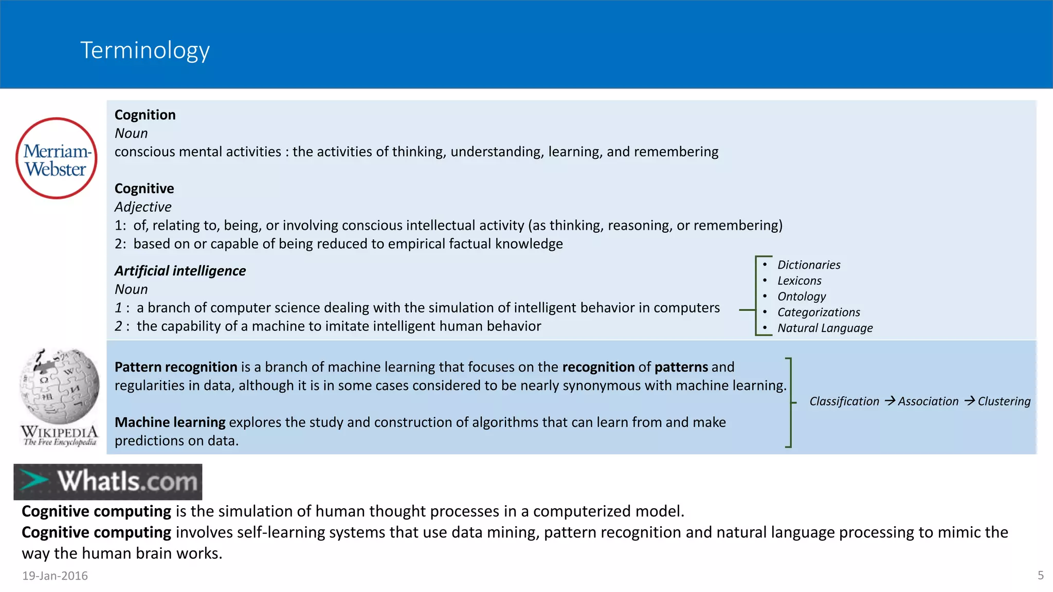 Terminology
Cognition
Noun
conscious mental activities : the activities of thinking, understanding, learning, and remembering
Cognitive
Adjective
1: of, relating to, being, or involving conscious intellectual activity (as thinking, reasoning, or remembering)
2: based on or capable of being reduced to empirical factual knowledge
Cognitive computing is the simulation of human thought processes in a computerized model.
Cognitive computing involves self-learning systems that use data mining, pattern recognition and natural language processing to mimic the
way the human brain works.
Pattern recognition is a branch of machine learning that focuses on the recognition of patterns and
regularities in data, although it is in some cases considered to be nearly synonymous with machine learning.
Machine learning explores the study and construction of algorithms that can learn from and make
predictions on data.
Classification  Association  Clustering
Artificial intelligence
Noun
1 : a branch of computer science dealing with the simulation of intelligent behavior in computers
2 : the capability of a machine to imitate intelligent human behavior
• Dictionaries
• Lexicons
• Ontology
• Categorizations
• Natural Language
519-Jan-2016
 