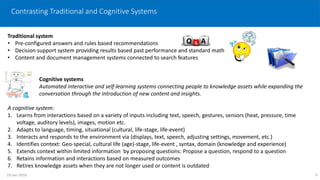 Contrasting Traditional and Cognitive Systems
Traditional system
• Pre-configured answers and rules based recommendations
• Decision support system providing results based past performance and standard math
• Content and document management systems connected to search features
Cognitive systems
Automated interactive and self-learning systems connecting people to knowledge assets while expanding the
conversation through the introduction of new content and insights.
A cognitive system:
1. Learns from interactions based on a variety of inputs including text, speech, gestures, sensors (heat, pressure, time
voltage, auditory levels), images, motion etc.
2. Adapts to language, timing, situational (cultural, life-stage, life-event)
3. Interacts and responds to the environment via (displays, text, speech, adjusting settings, movement, etc.)
4. Identifies context: Geo-special, cultural life (age)-stage, life-event , syntax, domain (knowledge and experience)
5. Extends context within limited information by proposing questions: Propose a question, respond to a question
6. Retains information and interactions based on measured outcomes
7. Retires knowledge assets when they are not longer used or content is outdated
919-Jan-2016
 