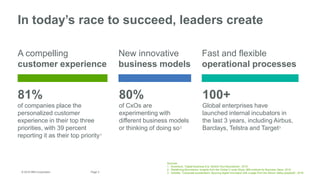 3Page© 2016 IBM Corporation
A compelling
customer experience
Sources:
1. Accenture, “Digital Business Era: Stretch Your Boundaries”, 2015
2. Redefining Boundaries, Insights from the Global C-suite Study, IBM Institute for Business Value, 2015
3. Deloitte, “Corporate accelerators: Spurring digital innovation with a page from the Silicon Valley playbook”, 2016
New innovative
business models
Fast and flexible
operational processes
80%
of CxOs are
experimenting with
different business models
or thinking of doing so2
100+
Global enterprises have
launched internal incubators in
the last 3 years, including Airbus,
Barclays, Telstra and Target3
81%
of companies place the
personalized customer
experience in their top three
priorities, with 39 percent
reporting it as their top priority1
In today’s race to succeed, leaders create
 