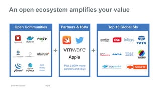 8Page© 2016 IBM Corporation
An open ecosystem amplifies your value
+ +
Open Communities
And
many
more
Partners & ISVs
Plus 2,500+ more
partners and ISVs
Top 10 Global SIs
Apple
 