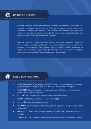 OS NOSSOS PERFIS
FASES DO PROGRAMA
ACONSELHAMENTO por parte da AIESEC sobre as necessidades da empresa e
posterior definição do perfil ideal e da descrição do trabalho do estagiário.
PROMOÇÃO da oportunidade de estágio por todo o Mundo, e especialmente
com os nossos países parceiros
RECOLHA de candidaturas de jovens licenciadosinternacionais
SHORT LISTING de candidatos por parte da AIESEC
SELECÇÃO do estagiário pela empresa
PREPARAÇÃO burocrática, profissional, cultural e logística do estagiário organizada
pela AIESEC
INÍCIO DO ESTÁGIO com o suporte e acompanhamento da AIESEC durante toda a
duração
AVALIAÇÃO CONSTANTE da experiência e início de um novo processo de seleção
Os candidatos são jovens licenciados que demonstram vontade e capacidade para
trabalhar em equipa. Na verdade, o facto de a empresa possuir uma cultura
diferente da original do estagiário, e de o mesmo desempenhar um papel activo
dentro da empresa, irá garantir a criação de uma cultura mais profissional, mais
multicultural e de uma atmosfera mais agradável.
Além de testarem as suas habilidades técnicas, os nossos estagiários enfrentarão
um processo de seleção que testará as suas capacidades sociais e características
pessoais. Os estágiarios seleccionados para os nossos estágios possuiem um
espírito empreendedor, capacidades de liderança, uma visão global, inteligência
emocional, responsabilidade social, flexibilidade e proatividade.
 