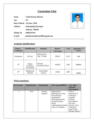 Curriculum Vitaé
Name : Ankit Kumar Khetan
Age : 25
Date of Birth : 26 June, 1990
Address : Sukantpally,Kestopur
Kolkata -700102
Mobile No : 9003187570
E-mail :ankitkumarkhetan200@gmail.com
Academic Qualifications:
Degree /
Certificate
Qualification Institute Board /
University
Year Aggregate % /
CGPA
Graduation B-Tech
Kalyani Govt.
Egg. College WBUT 2012 8.4
12th Higher
Secondary
Examination
Burnpur
Riverside School
AISSCE 2007 78.33%
10th Madhyamik
Pariksha
Doon Public
School
AISSE 2005
73.8%
Work experience:
No of years Organisation Designation Job responsibilities Any other
relevant
information
3 TCS System
Engineer
Requirement
gathering,reviewing
and analyzing
requirement,
developing and QA
testing the player
based
code(template),leading
team of 3 members.
I have a
experience of
working in
complete
software
development
life cycle
process. I have
worked for
major Client
Morgan Stanley.
Please affix a
Passport size
photo here
 