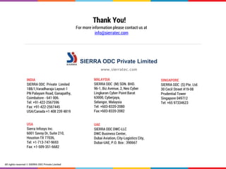 All rights reserved © SIERRA ODC Private Limited
www.sierratec.com
SIERRA ODC Private Limited
Thank You!
For more information please contact us at
info@sierratec.com
INDIA
SIERRA ODC Private Limited
188/1,Varadharaja Layout-1
PN Palayam Road, Ganapathy,
Coimbatore - 641 006.
Tel: +91-422-2567596
Fax: +91-422-2567445
USA/Canada +1 408 239 4819
USA
Sierra Infosys Inc.
6001 Savoy Dr, Suite 210,
Houston TX 77036,
Tel: +1-713-747-9693
Fax: +1-509-351-6682
MALAYSIA
SIERRA ODC (M) SDN. BHD.
96-1, Biz Avenue, 2, Neo Cyber
Lingkaran Cyber Point Barat
63000, Cyberjaya,
Selangor, Malaysia
Tel: +603-8320-2080
Fax:+603-8320-2082
SINGAPORE
SIERRA ODC (S) Pte. Ltd.
30 Cecil Street #19-08
Prudential Tower
Singapore 049712
Tel: +65 97334623
UAE
SIERRA ODC DWC-LLC
DWC Business Center,
Dubai Aviation, City-Logistics City,
Dubai-UAE, P.O. Box : 390667
 
