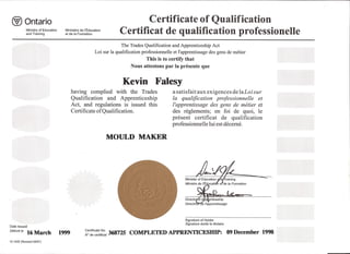 Mold Maker Certificate of Qualification