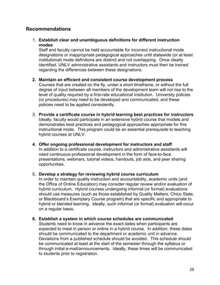 28
Recommendations
1. Establish clear and unambiguous definitions for different instruction
modes
Staff and faculty cannot be held accountable for incorrect instructional mode
designations or inappropriate pedagogical approaches until statewide (or at least
institutional) mode definitions are distinct and not overlapping. Once clearly
identified, UNLV administrative assistants and instructors must then be trained
regarding the differences between these designations.
2. Maintain an efficient and consistent course development process
Courses that are created on the fly, under a short timeframe, or without the full
degree of input between all members of the development team will not rise to the
level of quality required by a first-rate educational institution. University policies
(or procedures) may need to be developed and communicated, and these
policies need to be applied consistently.
3. Provide a certificate course in hybrid learning best practices for instructors
Ideally, faculty would participate in an extensive hybrid course that models and
demonstrates best practices and pedagogical approaches appropriate for this
instructional mode. This program could be an essential prerequisite to teaching
hybrid courses at UNLV.
4. Offer ongoing professional development for instructors and staff
In addition to a certificate course, instructors and administrative assistants will
need continuous professional development in the form of face-to-face
presentations, webinars, tutorial videos, handouts, job aids, and peer sharing
opportunities.
5. Develop a strategy for reviewing hybrid course curriculum
In order to maintain quality instruction and accountability, academic units (and
the Office of Online Education) may consider regular review and/or evaluation of
hybrid curriculum. Hybrid courses undergoing informal (or formal) evaluations
should use measures (such as those established by Quality Matters, Chico State,
or Blackboard’s Exemplary Course program) that are specific and appropriate to
hybrid or blended learning. Ideally, such informal (or formal) evaluation will occur
on a regular basis.
6. Establish a system in which course schedules are communicated
Students need to know in advance the exact dates when participants are
expected to meet in person or online in a hybrid course. In addition, these dates
should be communicated to the department or academic unit in advance.
Deviations from a published schedule should be avoided. This schedule should
be communicated at least at the start of the semester through the syllabus or
through initial e-mail/announcements. Ideally, these times will be communicated
to students prior to registration.
 