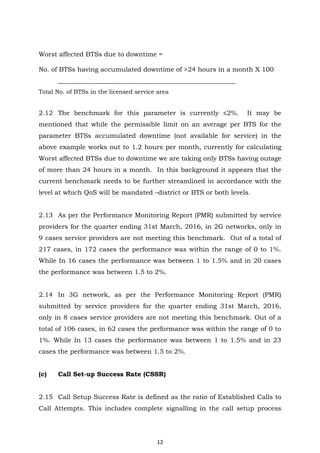 12
Worst affected BTSs due to downtime =
No. of BTSs having accumulated downtime of >24 hours in a month X 100
_______________________________________________________
Total No. of BTSs in the licensed service area
2.12 The benchmark for this parameter is currently ≤2%. It may be
mentioned that while the permissible limit on an average per BTS for the
parameter BTSs accumulated downtime (not available for service) in the
above example works out to 1.2 hours per month, currently for calculating
Worst affected BTSs due to downtime we are taking only BTSs having outage
of more than 24 hours in a month. In this background it appears that the
current benchmark needs to be further streamlined in accordance with the
level at which QoS will be mandated –district or BTS or both levels.
2.13 As per the Performance Monitoring Report (PMR) submitted by service
providers for the quarter ending 31st March, 2016, in 2G networks, only in
9 cases service providers are not meeting this benchmark. Out of a total of
217 cases, in 172 cases the performance was within the range of 0 to 1%.
While In 16 cases the performance was between 1 to 1.5% and in 20 cases
the performance was between 1.5 to 2%.
2.14 In 3G network, as per the Performance Monitoring Report (PMR)
submitted by service providers for the quarter ending 31st March, 2016,
only in 8 cases service providers are not meeting this benchmark. Out of a
total of 106 cases, in 62 cases the performance was within the range of 0 to
1%. While In 13 cases the performance was between 1 to 1.5% and in 23
cases the performance was between 1.5 to 2%.
(c) Call Set-up Success Rate (CSSR)
2.15 Call Setup Success Rate is defined as the ratio of Established Calls to
Call Attempts. This includes complete signalling in the call setup process
 
