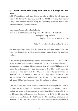 17
(f) Worst affected cells having more than 3% TCH drops (call drop
rate):
2.30 Worst affected cells are defined as cells in which the call drop rate
exceeds 3% during Cell Bouncing Busy Hour (CBBH) or at any other hour of
a day. The formula for calculating the Percentage of worst affected cells
having more than 3% call drops is -
Percentage of worst affected cells having
more than3% TCH drops (call drop rate) = No. of worst affected cells
having call drop rate >3%
during CBBH in a month X 100
_____________________________________________
Total No. of cells in the licensed service area
Cell Bouncing Busy Hour (CBBH) means the one hour period in during
which a cell in cellular mobile telephone network experiences the maximum
traffic.
2.31 Currently the benchmark for this parameter is ≤3%. As per the PMR
for 2G services for the quarter ending March, 2016, in 27 cases the service
providers are not meeting this benchmark. Out of a total of 217 cases, in 60
cases the performance is within the range of 0 to 1%. In 24 cases the
performance was between 1 to 1.5%, in 31 cases the performance was
between 1.5 to 2% and in 75 cases the performance was between 2 to 3%.
For calculation of the performance of service providers on this parameter
only those BTSs which have more than 3% call drop is taken.
2.32 As per the PMR for 3G services for the quarter ending March, 2016, in
15 cases the service providers are not meeting this benchmark. Out of a
total of 106 cases, in 9 cases the performance is within the range of 0 to 1%.
In 20 cases the performance was between 1 to 1.5%, in 20 cases the
performance was between 1.5 to 2% and the 42 cases the performance was
between 2 to 3%. For calculation of the performance of service providers on
 