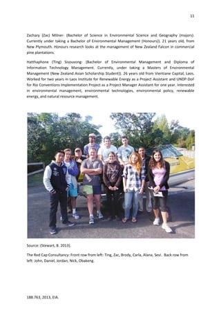 11
188.763, 2013, EIA.
Zachary (Zac) Milner- (Bachelor of Science in Environmental Science and Geography (majors).
Currently under taking a Bachelor of Environmental Management (Honours)). 21 years old, from
New Plymouth. Honours research looks at the management of New Zealand Falcon in commercial
pine plantations.
Hatthaphone (Ting) Sisouvong- (Bachelor of Environmental Management and Diploma of
Information Technology Management. Currently, under taking a Masters of Environmental
Management (New Zealand Asian Scholarship Student)). 26 years old from Vientiane Capital, Laos.
Worked for two years in Laos Institute for Renewable Energy as a Project Assistant and UNDP-DoF
for Rio Conventions Implementation Project as a Project Manager Assistant for one year. Interested
in environmental management, environmental technologies, environmental policy, renewable
energy, and natural resource management.
Source: (Stewart, B. 2013).
The Red Cap Consultancy: Front row from left: Ting, Zac, Brody, Carla, Alana, Sevi. Back row from
left: John, Daniel, Jordan, Nick, Obakeng.
 