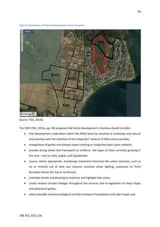 28
188.763, 2013, EIA.
Figure 4: Comparison of Proposed Development areas in Kuratau
Source: TDC, 2012b.
The SSSP (TDC, 2012a, pp. 44) proposes that future development in Kuratau should consider:
 that development undertaken within the KPD2 block be sensitive to landscape and natural
area overlays with the retention of the integrated network of SNAs where possible;
 revegetation of gullies and steeper slopes creating an integrated open space network;
 provide strong street tree framework to reinforce the types of trees currently growing in
the area – such as olive, poplar, and liquidambar;
 ensure, where appropriate, streetscape treatment minimises the urban character, such as
no or minimal use of kerb and channel, sensitive street lighting, covenants on front
boundary fences (for low or no fences);
 orientate streets and planting to maximise and highlight lake views;
 create reserve corridor linkages throughout the terraces and re-vegetation of steep slopes
and ephemeral gullies;
 where possible enhance ecological corridors between Pukekaikiore and Lake Taupō; and
 