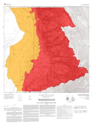 UTAH GEOLOGICAL SURVEY
a division of
Utah Department of Natural Resources
Plate 1
Utah Geological Survey Open-File Report 655
Radon Hazard Potential Map of Southern Davis County, Utah
RADON HAZARD POTENTIAL MAP OF
SOUTHERN DAVIS COUNTY, UTAH
by
Jessica J. Castleton, Ben A. Erickson, and Emily J. Kleber
2016
This open-file release makes information available to the public during the
review and production period necessary for a formal UGS publication.
While the document is in the review process, it may not conform to UGS
standards; therefore, it may be premature for an individual or group to
take actions based on its contents.
Although this product represents the work of professional scientists, the
Utah Department of Natural Resources, Utah Geological Survey, makes
no warranty, expressed or implied, regarding its suitability for a particu-
lar use. The Utah Department of Natural Resources, Utah Geological
Survey, shall not be liable under any circumstances for any direct,
indirect, special, incidental, or consequential damages with respect to
claims by users of this product.
Base from U.S. Geological Survey Kaysville (1998), Peterson (1998), Morgan (1997),
Farmington (1998), Bountiful Peak (1998), Porterville (1998), Salt Lake City North
(1998), Fort Douglas (1998), and Mountain Dell (1998) 7.5’ topographic quadrangles.
Hillshade derived from 10-meter National Elevation Dataset (NED) data from the Utah
Automated Geographic Reference Center State Geographic Information Database.
Datum: NAD 1983
Spheroid: Clarke 1866
GIS and Cartography: Jessica J. Castleton, Ben A. Erickson and Jay C. Hill
Utah Geological Survey
1594 West North Temple, Suite 3110
P.O. Box 146100, Salt Lake City, UT 84114-6100
(801) 537-3300
geology.utah.gov
U T A H
MAP LOCATION
45'
45'
41°
41°
40°57'30" 40°57'30"
40°55'
40°55'
40°52'30" 40°52'30"
40°50' 40°50'
418000
419000
419000
420000
420000
421000
421000
422000
422000
423000
423000
424000
424000
425000
425000
426000
426000
427000
427000
428000
428000
429000
429000
430000
430000
431000
431000
432000
432000
433000
433000
434000
434000
435000
435000
436000
436000
437000
437000
438000
4519000
4520000
4520000
4521000
4521000
4522000
4522000
4523000
4523000
4524000
4524000
4525000
4525000
4526000
4526000
4527000
4527000
4528000
4528000
4529000
4529000
4530000
4530000
4531000
4531000
4532000
4532000
4533000
4533000
4534000
4534000
4535000
4535000
4536000
4536000
4537000
4537000
4538000
4538000
4539000
4539000
R1W
R1E
R1E
R2E
T2N
T1N
T3N
T2N
T3N
T2N
T2N
T1N
R1E
R2E
R1W
R1E
7.5' QUADRANGLE INDEX
6
321
4 5
7 8 9
1. Kaysville
2. Peterson
3. Morgan
6. Porterville
4. Farmington
5. Bountiful Peak
7. Salt Lake City North
8. Fort Douglas
9. Mountain Dell
APPROXIMATE MEAN
DECLINATION, 2016
11°63'
TRUENORTH
MAGNETICNORTH
1 0 10.5 MILE
5000 0 50002500 FEET
1 0 10.5 KILOMETER
1:24,000SCALE
CONTOUR INTERVAL 20 or 40 FEET
111°57'30"
111°57'30" 111°55' 111°52'30" 111°50' 111°47'30"
111°47'30"111°50'111°52'30"111°55'
EXPLANATION
Mapped area boundary
Area not mapped
RADON HAZARD POTENTIAL CATEGORIES
High: Area where probable soil uranium concentrations are greater than 3 parts per million (ppm); indoor radon levels are
likely to be >4 picocuries per liter (pCi/L); groundwater depth is greater than 10 feet below the surface and soil is highly
permeable to moderately permeable. Boundary is dashed where approximate due to fluctuating groundwater levels.
Moderate: Area where probable soil uranium concentrations range from 2-3 ppm; indoor radon levels are likely to be 2-4
pCi/L; groundwater depth is less than 10 feet below the surface and soil permeability is low to moderate. Due to fluctuat-
ing groundwater levels and variable subsurface geology, indoor radon levels >4 pCi/L are possible in moderate zones.
USING THIS MAP
This map is intended to provide an estimate of the underlying geologic conditions that may contribute to the indoor
radon hazard potential. This map is not intended to indicate indoor radon levels in specific structures. Although certain
geologic factors are conducive to elevated indoor radon hazard potential, other highly variable factors affect indoor radon
levels, such as building materials and foundation openings; therefore, indoor radon levels can vary greatly between
structures located in the same hazard category. Indoor radon levels in the moderate category may be >4 pCi/L due to
variable subsurface geology and construction techniques. This map is not intended for use at scales other than 1:24,000,
and is intended for use in general planning to indicate the need for site-specific indoor-radon-level testing. Indoor radon
testing is important in all hazard categories and we recommend testing be completed in all existing structures.
RADON HAZARD
Radon is an odorless, tasteless, and colorless radioactive gas that is highly mobile and can enter buildings through small
foundation cracks and other openings such as utility pipes. The most common type of radon is naturally occurring and
results from the radioactive decay of uranium, which is found in small concentrations in nearly all soil and rock. Although
outdoor radon concentrations never reach dangerous levels because air movement and open space dissipate the gas, indoor
radon concentrations may reach hazardous levels because of confinement and poor air circulation in buildings.
Breathing any level of radon over time increases the risk of lung cancer, but long-term exposure to low radon levels is
generally considered a small health risk. Smoking greatly increases the health risk due to radon because radon decay
products attach to smoke particles and are inhaled into the lungs, greatly increasing the risk of lung cancer. The U.S.
Environmental Protection Agency (EPA, 2009) recommends that action be taken to reduce indoor radon levels exceeding
4 picocuries per liter of air (pCi/L), and cautions that indoor radon levels less than 4 pCi/L still pose a health risk, and in
many cases can be reduced. Indoor radon levels are primarily a result of the design and construction methods used for a
structure, along with several geologic factors including uranium content in soil and rock, soil permeability, and groundwa-
ter. Granite, metamorphic rocks, some volcanic rocks and shale, and soils derived from these rocks are generally associ-
ated with elevated uranium content that contributes to high indoor radon levels.
To evaluate the radon hazard potential, we used four main sources of data to identify areas where underlying geologic
conditions may contribute to elevated radon levels: (1) soil permeability data from the Natural Resources Conservation
Service (NRCS) Soil Survey Geographic (SSURGO) Database for Davis County Area, Davis County, Utah, and Salt Lake
Area, Salt Lake County, Utah (NRCS, 2006, 2013), (2) depth-to-groundwater mapping, completed for this study, (3)
available geologic mapping (Bryant, 2003; Lowe and others, in preparation, McKean, in preparation), and (4) U.S.
Geological Survey (USGS) National Uranium Resource Evaluation (NURE) Hydrogeochemical and Stream Sediment
Reconnaissance Data (USGS, 2004). Incorporating soil permeability, depth to groundwater, and geologic factors contribut-
ing to uranium content, we classified soil and rock units into high, moderate, and low hazard categories (after Solomon,
1992, and Black and Solomon, 1996; tables 1 and 2). This classification methodology is based on the potential of the
underlying geologic units to generate radon gas and the ability of the gas to migrate upward through the overlying soil and
rock. NURE uranium levels in lake sediment derived from high-uranium geologic material to the east is >3 ppm. Shallow
groundwater is present in the investigation area; however, no areas were assigned a point value below 5 (table 2), due to
high uranium levels in soils throughout the investigation area.
Soil permeability and groundwater affect the mobility of radon from its source. If a radon source is present, the ability
of radon to move upward through the soil into overlying structures is facilitated by high soil permeability. Conversely,
radon movement is impaired in soils having low permeability. Saturation of soil by groundwater inhibits radon movement
by dissolving radon in the water and reducing its ability to migrate upward through the soil (Black, 1996). However,
surficial geologic materials in Davis County have significantly high uranium levels; therefore, the effects of impermeable
soils and shallow groundwater inhibition is limited.
The NRCS reported hydraulic conductivity (Ksat) values of saturated soil for their soil units based on testing performed
at representative locations (NRCS, 2006, 2013). The NRCS assigned permeability classes to their soil units based on the
hydraulic conductivity of the unit. The hydraulic conductivity values of non-soil map units (water, borrow pits, and other
artificial units as mapped by the NRCS) are reported as zero; however, they do not necessarily represent impermeable
surfaces. Therefore, we assign the hydraulic conductivities of adjacent soil units to the non-soil map units.
Saturation of soil by shallow groundwater (less than approximately 30 feet [9 m]) inhibits radon movement by dissolv-
ing radon in the water and reducing its ability to migrate upward through foundation soil (Black, 1996). Our groundwater
mapping focused on the principal aquifer where it is shallow and unconfined or artesian, and on locally unconfined or
perched aquifers 30 feet (9 m) or less below the ground surface. Geotechnical data were incorporated into a geodatabase
to map shallow groundwater. Groundwater levels are shallow throughout most valley locations and there are many seeps
and springs along the Wasatch fault zone.
Geologic mapping is important for identifying geologic units having high uranium content, particularly outside of areas
covered by previous investigations where radiometric data are limited. Metamorphic and igneous rocks of the Precambrian
Farmington Canyon Complex compose much of the Wasatch Range in the eastern part of the investigation area and have
high uranium content (Black, 1993). In the valley, lake deposits, landslide deposits, and alluvial-fan deposits are derived
from bedrock to the east and therefore retain a high uranium content. Consequently, it is possible to obtain high indoor
radon readings in many areas where the geologic contribution is moderate or low based on uranium-bearing subsurface
geologic units not shown on geologic mapping, variable soil permeability, and groundwater conditions. This mapping
methodology assumes that the radon source is below the overlying soils and groundwater. It is important to note that in
southern Davis County, valley surficial deposits likely contribute to high radon levels at the surface, minimizing the effect
of impermeable soils and shallow groundwater.
The radon hazard potential in southern Davis County is generally highest along the benches and in the canyons of the
Wasatch Range. The hazard potential is high along the lower benches that are underlain by highly permeable sand and gravel
derived from geologic units with high uranium concentrations. The hazard potential generally decreases westward as
near-surface groundwater, silts, and clays increase toward Great Salt Lake. However, many areas along the valley floor have
a high radon hazard potential, where underlain by large debris-flow deposits, young stream deposits, and landslide deposits
that have mobilized material with high uranium concentrations from the mountain front. Along with geologic factors, a
number of non-geologic factors also influence indoor radon levels. Although the influence of geologic factors can be
estimated, the influence of non-geologic factors such as occupant lifestyle and home construction are highly variable. As a
result, indoor radon levels fluctuate and can vary in different structures built on the same geologic unit; therefore, the radon
level must be measured in each structure to determine if a problem exists. Testing is easy, inexpensive, and may often be
conducted by the building occupant, but professional assistance is available (for more information, see http://radon.utah.gov).
Evaluation of actual indoor radon levels across the mapped area was beyond the scope of this investigation.
The hazard-potential categories shown on this map are approximate and mapped boundaries are gradational. Localized
areas of higher or lower radon potential are likely to exist within any given map area, but their identification is precluded
because of the generalized map scale, relatively sparse data, and non-geologic factors, such as variability in structure
construction. The use of imported fill for foundation material can also affect radon potential in small areas, as the imported
material may have different geologic characteristics than the native soil.
If professional assistance is required to test for radon or reduce the indoor radon hazard, a qualified contractor should be
selected. The EPA provides guidelines for choosing a contractor, and a listing of state radon offices, in the Consumer’s Guide
to Radon Reduction (EPA, 2010). The Davis County Health Department offers free radon testing for Davis County residents
at specific times throughout the year; more information on this program can be found at
http://www.daviscountyutah.gov/health/environmental-health-services/environmental_testing/radon.
ACKNOWLEDGMENTS
We thank Kellison Platero with the Davis County Health Department for providing funding and data for this investigation.
We thank the cities of Farmington, Woods Cross, Bountiful, and West Bountiful, as well as Davis County, for providing
geotechnical data critical to this investigation. We thank Greg McDonald, Tyler Knudsen, and Mike Hylland for their review
of this map.
REFERENCES
Black, B.D., 1993, The radon-hazard-potential map of Utah: Utah Geological Survey Map 149, scale 1:1,000,000.
Black, B.D., and Solomon, B.J.,1996, Radon-hazard potential in the lower Weber River area, Tooele Valley, and southeastern
Cache Valley, Cache, Davis, Tooele, and Weber Counties, Utah: Utah Geological Survey Special Study 90, 56 p.
Bryant, B., 2003, Geologic map of the Salt Lake City 30′ x 60' quadrangle, north-central Utah, and Uinta County, Wyoming:
Utah Geological Survey Map 190DM, scale 1:100,000, digitized from U.S. Geological Survey Miscellaneous Investiga-
tions Series Map I-1944 (1990).
Lowe, M., Harty, K.H., and Kirby, S.M., in preparation, Geologic map of the Farmington quadrangle, Davis and Salt Lake
Counties, Utah: Utah Geological Survey Map, scale 1:24,000.
McKean, A.P., in preparation, Interim geologic map of the Salt Lake City North quadrangle, Salt Lake and Davis Counties,
Utah: Utah Geological Survey contract deliverable, scale 1:24,000.
Natural Resources Conservation Service, 2006, Soil survey geographic (SSURGO) database for Salt Lake area, Salt Lake
County, Utah: Online, http://sdmdataaccess.nrcs.usda.gov, accessed January 2016.
Natural Resources Conservation Service, 2013, Soil survey geographic (SSURGO) database for Davis County area, Davis
County, Utah: Online, http://sdmdataaccess.nrcs.usda.gov, accessed January 2016.
Solomon, B.J., 1992, Environmental geophysical survey of radon-hazard areas in the southern St. George basin, Washington
County, Utah, in Harty, K.M., editor, Engineering and environmental geology of southwestern Utah: Utah Geological
Association Publication 21, p. 173-192.
U.S. Environmental Protection Agency, 2009, A citizen's guide to radon—the guide to protecting yourself and your family
from radon: U.S. Environmental Protection Agency, U.S. Department of Health and Human Services, and U.S. Public
Health Service, EPA 402/K-09/001, 15 p.
U.S. Environmental Protection Agency, 2010, Consumer’s guide to radon reduction: U.S. Environmental Protection Agency,
EPA 402/K-10/002, 12 p.
U.S. Geological Survey, 2004, National Uranium Resource Evaluation (NURE) hydrogeochemical and stream sediment
reconnaissance data: Online, http://mrdata.usgs.gov/nure/sediment, accessed January 2016.
Factor
Point Value
1 2 3
Uranium (ppm, estimated) <2 2-3 >3
Permeability (K, in/hr)
Low
0.06-0.6
Moderate
0.6-6.0
High
6.0-20.0
Groundwater depth (feet) <10 10-30 >30
Category Point Range
Potential indoor radon
concentration (pCi/L)
Low 3-4 <2
Moderate 5-7 2-4
High 8-9 >4
Table 1. Factors that contribute to radon hazard potential. From Black and Solomon (1996).
Table 2. Radon hazard potential mapping criteria and indoor radon potential. From Black and Solomon (1996).
 