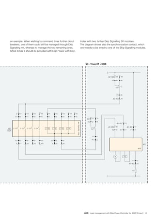 ABB | Load management with Ekip Power Controller for SACE Emax 2 19
Q3 - Tmax XT + MOE
an example. When wishing to command three further circuit
breakers, one of them could still be managed through Ekip
Signalling 4K, whereas to manage the two remaining ones,
SACE Emax 2 should be provided with Ekip Power with Con-
troller with two further Ekip Signalling 2K modules.
The diagram shows also the synchronization contact, which
only needs to be wired to one of the Ekip Signalling modules.
 