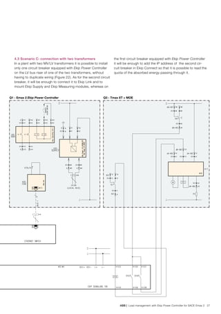 ABB | Load management with Ekip Power Controller for SACE Emax 2 27
Q1 - Emax 2 Ekip Power Controller Q3 - Tmax XT + MOE
4.3 Scenario C: connection with two transformers
In a plant with two MV/LV transformers it is possible to install
only one circuit breaker equipped with Ekip Power Controller
on the LV bus riser of one of the two transformers, without
having to duplicate wiring (Figure 22). As for the second circuit
breaker, it will be enough to connect it to Ekip Link and to
mount Ekip Supply and Ekip Measuring modules, whereas on
the first circuit breaker equipped with Ekip Power Controller
it will be enough to add the IP address of the second cir-
cuit breaker in Ekip Connect so that it is possible to read the
quota of the absorbed energy passing through it.
 