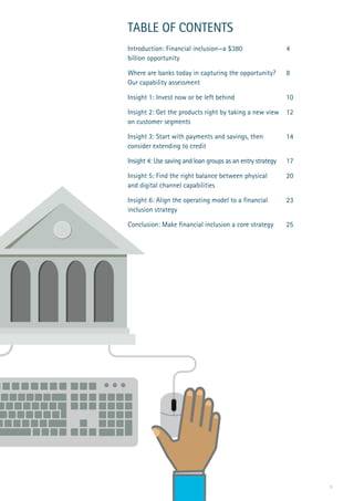 3
Table of Contents
Introduction: Financial inclusion—a $380
billion opportunity
Where are banks today in capturing the opportunity?
Our capability assessment
Insight 1: Invest now or be left behind
Insight 2: Get the products right by taking a new view
on customer segments
Insight 3: Start with payments and savings, then
consider extending to credit
Insight 4: Use saving and loan groups as an entry strategy
Insight 5: Find the right balance between physical
and digital channel capabilities
Insight 6: Align the operating model to a financial
inclusion strategy
Conclusion: Make financial inclusion a core strategy
4
8
10
12
14
17
20
23
25
 