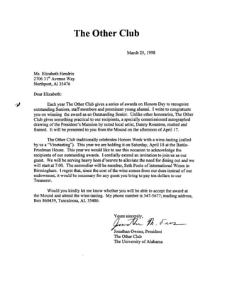 Other Club Outstanding Senior Award Letter 1998
