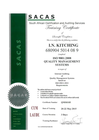 SACAS ISO9001 internal auditor certificate 2015