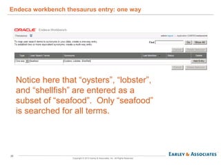 25
Copyright © 2013 Earley & Associates, Inc. All Rights Reserved.
Endeca workbench thesaurus entry: one way
Notice here that “oysters”, “lobster”,
and “shellfish” are entered as a
subset of “seafood”. Only “seafood”
is searched for all terms.
 