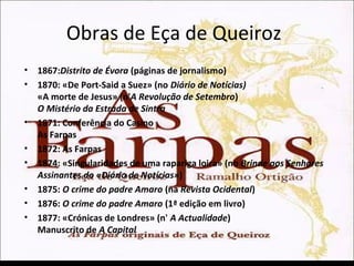 Obras de Eça de Queiroz 
• 1867:Distrito de Évora (páginas de jornalismo) 
• 1870: «De Port-Said a Suez» (no Diário de Notícias) 
«A morte de Jesus» (n'A Revolução de Setembro) 
O Mistério da Estrada de Sintra 
• 1871: Conferência do Casino 
As Farpas 
• 1872: As Farpas 
• 1874: «Singularidades de uma rapariga loira» (no Brinde aos Senhores 
Assinantes do «Diário de Notícias») 
• 1875: O crime do padre Amaro (na Revista Ocidental) 
• 1876: O crime do padre Amaro (1ª edição em livro) 
• 1877: «Crónicas de Londres» (n' A Actualidade) 
Manuscrito de A Capital 
 