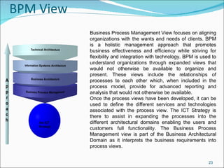 BPM View Business Process Management View focuses on aligning organizations with the wants and needs of clients. BPM is a holistic management approach that promotes business effectiveness and efficiency while striving for flexibility and integration with technology. BPM is used to understand organizations through expanded views that would not otherwise be available to organize and present. These views include the relationships of processes to each other which, when included in the process model, provide for advanced reporting and analysis that would not otherwise be available. Once the process views have been developed, it can be used to define the different services and technologies associated with the process view. The ICT Strategy is there to assist in expanding the processes into the different architectural domains enabling the users and customers full functionality. The Business Process Management view is part of the Business Architectural Domain as it interprets the business requirements into process views. 