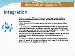 Integration Business Integration  –  The concern is about integrating processes, locations, products, infrastructure, intellectual property, markets, and delivery operations, catalogues and so on.  Partner Integration  – Employees have both an internal and external view of their enterprise.  Content Integration  – Content integration pulls together intellectual property from many sources and displays the results to interested parties. Methods to identify the knowledge requirements (e.g. essential knowledge identification) are needed with the capability to convert them to delivered functionality for users. Application Integration  – The intent of application integration is to provide access to functionality across multiple applications or processing data across several applications. Data Integration  – This is the core integration approach in many enterprises today. Managing data well and achieving data integration go together. The need to manage data carefully varies among types of enterprises. The ICT Strategy Vision has driven strategic Technologies that can be grouped  into FIVE  categories Integration 