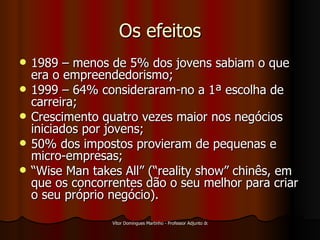 Os efeitos 1989 – menos de 5% dos jovens sabiam o que era o empreendedorismo; 1999 – 64% consideraram-no a 1ª escolha de carreira; Crescimento quatro vezes maior nos negócios iniciados por jovens; 50% dos impostos provieram de pequenas e micro-empresas; “ Wise Man takes All” (“reality show” chinês, em que os concorrentes dão o seu melhor para criar o seu próprio negócio). 
