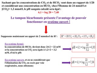 Sachant que les concentrations de CO2 et de HCO3- sont dans un rapport de 1/20
et considérant une concentration en HCO3- chez l’Homme de 24 mmol/l et
[CO2]= 1,2 mmol/l, le pH sanguin calculé sera égal :
                               6,1 + log 20 = 7,40

        Le tampon bicarbonate présente l’avantage de pouvoir
                  fonctionner en système ouvert !



Supposons maintenant un apport de 2 mmoles/l de H+:


   En système fermé:
   la concentration de HCO3- devient donc 24-2 = 22 mM
   et la concentration en CO2 sera égale à 1,2+2 = 3,2
   mM, d'où le pH:

   En système ouvert, et en ne considérant que
   l'élimination du CO2 en excès par voie
   respiratoire, nous obtenons:
 