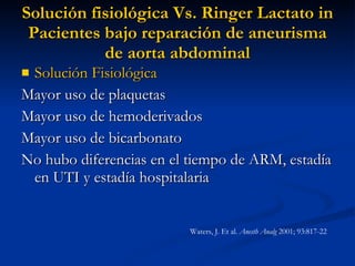 Solución fisiológica Vs. Ringer Lactato in Pacientes bajo reparación de aneurisma de aorta abdominal Solución Fisiológica Mayor uso de plaquetas Mayor uso de hemoderivados Mayor uso de bicarbonato No hubo diferencias en el tiempo de ARM, estadía en UTI y estadía hospitalaria  Waters, J. Et al.  Anesth Analg  2001; 93:817-22 