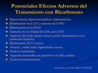 Potenciales Efectos Adversos del Tratamiento con Bicarbonato Hipervolemia, hiperosmolaridad e hipernatremia Disminución en la TA y aumento de la PIC Disminución en la PaO2 Aumento de la afinidad de la hb. por el O2 Aumento del acido láctico (mayor prod y disminución en la extracción hepática) Disminución del Ca iónico Arterial y, sobre todo, hipercabnia venosa Acidosis intracelular Isquemia miocárdica en pacientes con falla cardiaca Alcalosis postratamiento Forythe S, et al.  Chest  2000;117:260-267 