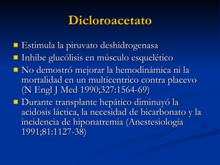 Dicloroacetato Estimula la piruvato deshidrogenasa Inhibe glucólisis en músculo esquelético No demostró mejorar la hemodinámica ni la mortalidad en un multicentrico contra placevo (N Engl J Med 1990;327:1564-69) Durante transplante hepático diminuyó la acidosis láctica, la necesidad de bicarbonato y la incidencia de hiponatremia (Anestesiología 1991;81:1127-38)  