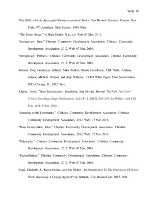 Welty 18
Holy Bible with the Apocryphal/Deuterocanonical Books. New Revised Standard Version. New
York, NY: American Bible Society, 1989. Print.
“The Hope Dealer.” A Hope Dealer. N.p., n.d. Web. 07 Mar. 2016.
“Immigration: Intro.” Christian Community Development Association. Christian Community
Development Association, 2012. Web. 07 Mar. 2016.
“Immigration: Partners.” Christian Community Development Association. Christian Community
Development Association, 2012. Web. 07 Mar. 2016.
Jackson, Troy, Dominique Gilliard, Miea Walker, Shawn Casselberry, Cliff Nellis, Anthony
Grimes, Michelle Warren, and Amy Williams. CCDA White Paper: Mass Incarceration
2015. Chicago, IL: 2015. Web.
Kilgore, James. "Mass Incarceration: Examining And Moving Beyond The New Jim Crow."
Critical Sociology (Sage Publications, Ltd.) 41.2 (2015): 283-295. SocINDEX with Full
Text. Web. 9 Apr. 2016.
“Listening to the Community.” Christian Community Development Association. Christian
Community Development Association, 2012. Web. 07 Mar. 2016.
“Mass Incarceration: Intro.” Christian Community Development Association. Christian
Community Development Association, 2012. Web. 07 Mar. 2016.
“Philosophy.” Christian Community Development Association. Christian Community
Development Association, 2012. Web. 07 Mar. 2016.
“Reconciliation.” Christian Community Development Association. Christian Community
Development Association, 2012. Web. 07 Mar. 2016.
Segal, Elizabeth A., Karen Gerdes, and Sue Steiner. An Introduction To The Profession Of Social
Work: Becoming A Change Agent 4th ed. Belmont, CA: Brooks/Cole, 2013. Print.
 