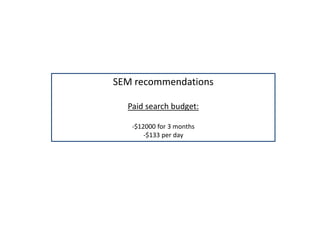 SEM recommendations
Paid search budget:
-$12000 for 3 months
-$133 per day
 
