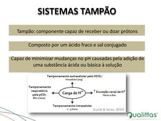 SISTEMAS TAMPÃO
Tampão: componente capaz de receber ou doar prótons
Composto por um ácido fraco e sal conjugado
Capaz de minimizar mudanças no pH causadas pela adição de
uma substância ácida ou básica à solução
(Lumb & Jones, 2014)
 