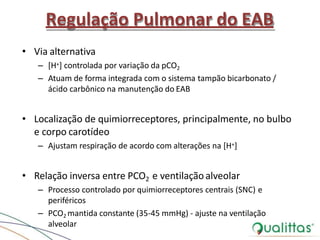 Regulação Pulmonar do EAB
• Via alternativa
– [H+] controlada por variação da pCO2
– Atuam de forma integrada com o sistema tampão bicarbonato /
ácido carbônico na manutenção do EAB
• Localização de quimiorreceptores, principalmente, no bulbo
e corpo carotídeo
– Ajustam respiração de acordo com alterações na [H+]
• Relação inversa entre PCO2 e ventilaçãoalveolar
– Processo controlado por quimiorreceptores centrais (SNC) e
periféricos
– PCO2 mantida constante (35-45 mmHg) - ajuste na ventilação
alveolar
 