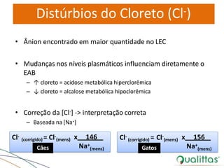 Distúrbios do Cloreto (Cl-)
• Ânion encontrado em maior quantidade no LEC
• Mudanças nos níveis plasmáticos influenciam diretamente o
EAB
– ↑ cloreto = acidose metabólica hiperclorêmica
– ↓ cloreto = alcalose metabólica hipoclorêmica
• Correção da [Cl-] -> interpretação correta
– Baseada na [Na+]
Na+
x 146
(mens)
Cl-
(corrigido) = Cl-
(mens) Cl-
(corrigido) = Cl-
(mens)
Na+
x 156
(mens)Cães Gatos
 
