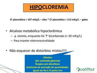 HIPOCLOREMIA
Cl- plasmático < 107 mEq/L – cães * Cl- plasmático < 113 mEq/L – gatos
• Alcalose metabólica hipoclorêmica
– ↓ cloreto, enquanto há ↑ bicarbonato (> 20 mEq/L)
– Para manter eletroneutralidade
• Não esquecer de distúrbios mistos!!!!
Vômitos
(de conteúdo gástrico)
Terapia com diuréticos
(estímulo de excreção de quantidades
iguais de Na e Cl pelos rins
 