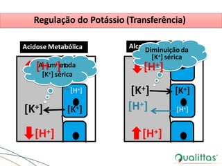 Regulação do Potássio (Transferência)
Acidose Metabólica
[K+]
[H+]
[K+]
[H+]
[K+]
[H+]
[H+]
[AHum+]entoda
[K+] sérica
Alcalose Metabólica
[K+]
[H+]
Diminuição da
[K+] sérica
[H+]
 