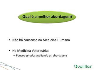 Qual é a melhor abordagem?
• Não há consenso na Medicina Humana
• Na Medicina Veterinária:
– Poucos estudos avaliando as abordagens
 