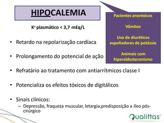 HIPOCALEMIA
K+ plasmático < 3,7 mEq/L
• Retardo na repolarização cardíaca
• Prolongamento do potencial de ação
• Refratário ao tratamento com antiarrítmicos classe I
• Potencializa os efeitos tóxicos de digitálicos
• Sinais clínicos:
– Depressão, fraqueza muscular, letargia,predisposição a íleo pós-
cirúrgico
Pacientes anoréxicos
Vômitos
Uso de diuréticos
expoliadores de potássio
Animais com
hiperaldosteronismo
 