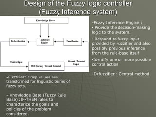 Design of the Fuzzy logic controller
(Fuzzy Inference system)
-Fuzzifier: Crisp values are
transformed for linguistic terms of
fuzzy sets.
- Knowledge Base (Fuzzy Rule
Base) :IF-THEN rules to
characterize the goals and
policies of the problem
considered.
-Fuzzy Inference Engine :
• Provide the decision-making
logic to the system.
• Respond to fuzzy input
provided by Fuzzifier and also
possibly previous inference
from the rule-base itself
•Identify one or more possible
control action
-Defuzzifier : Central method
 