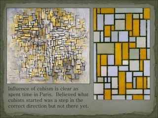 Influence of cubism is clear as spent time in Paris.  Believed what cubists started was a step in the correct direction but not there yet. 
